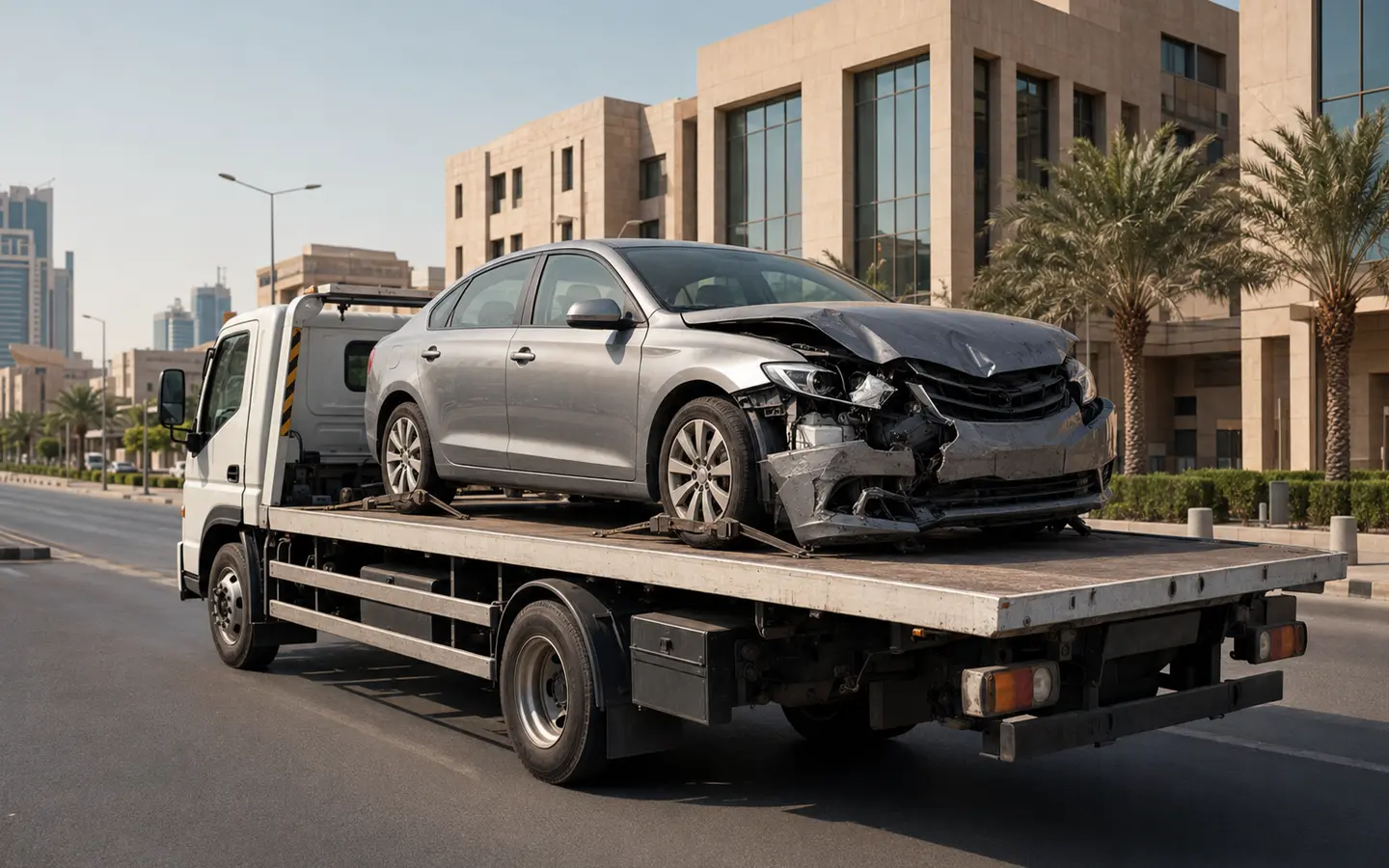 سيارة مصدومة محمولة على سطحة في الرياض